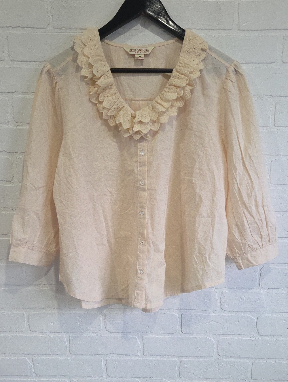 April Cornell Cream Ruffled Lace Collar Button-Down Top